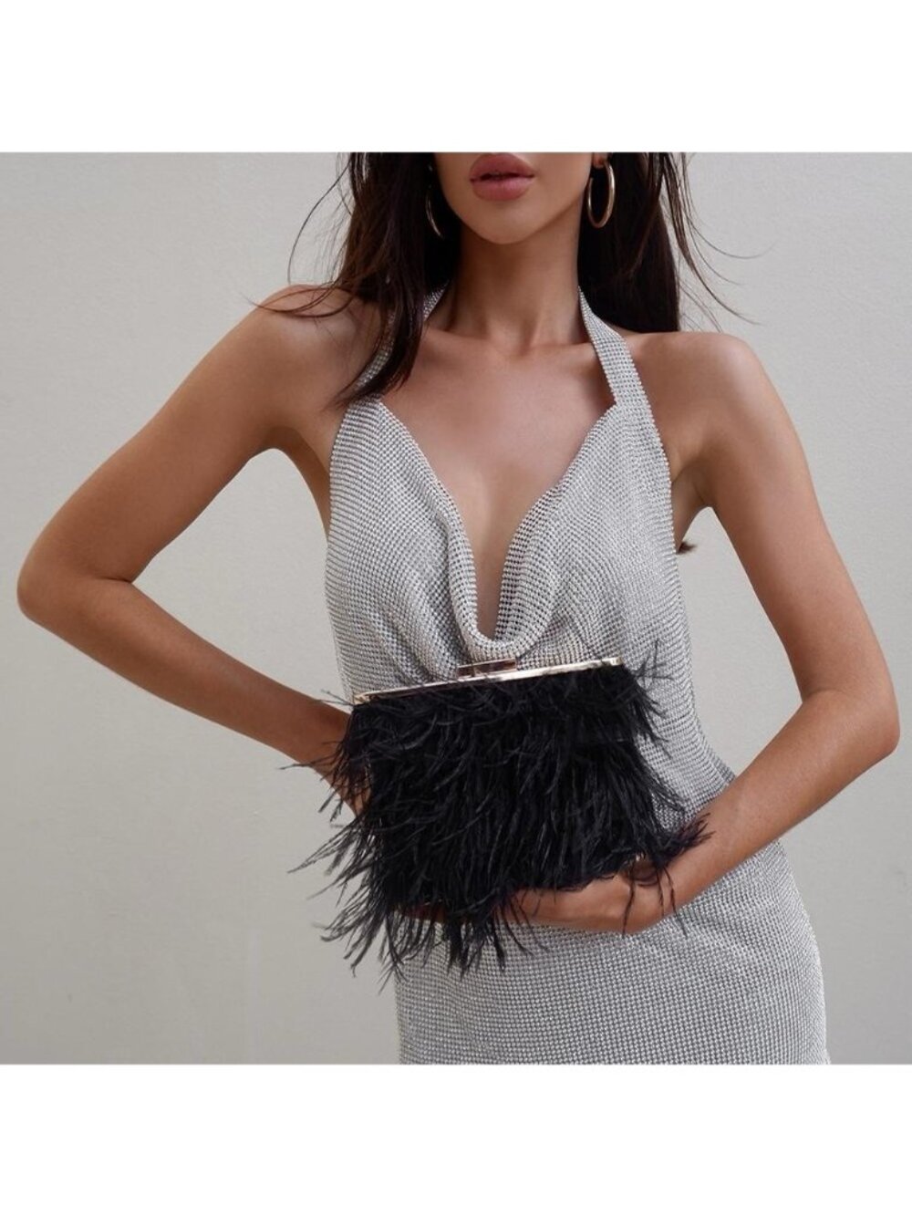 olga berg Estelle Feather Clutch in Black